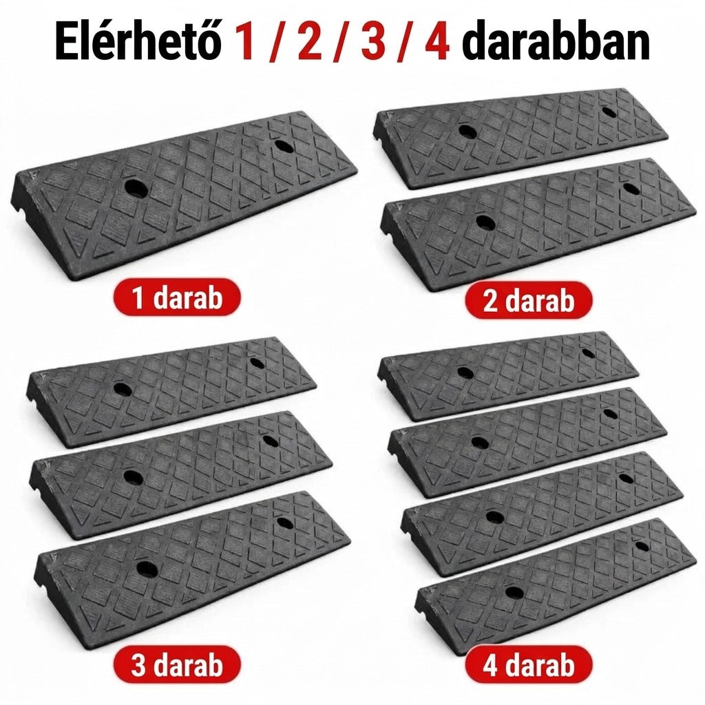 Fekete gumi járdaszegély-rámpák 1, 2, 3 és 4 darabos kiszerelésben.