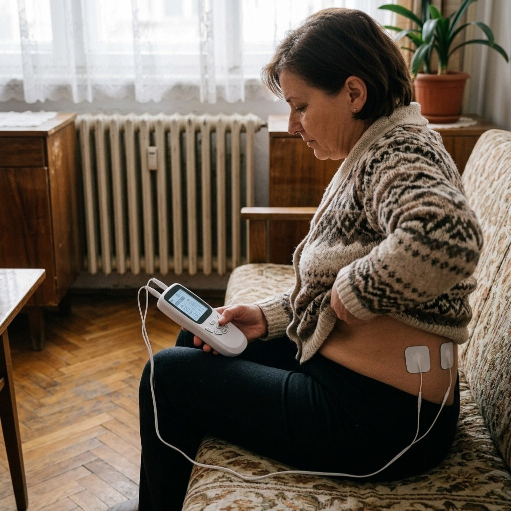 36 üzemmódos, elemes EMS izomstimulátor - használat közben