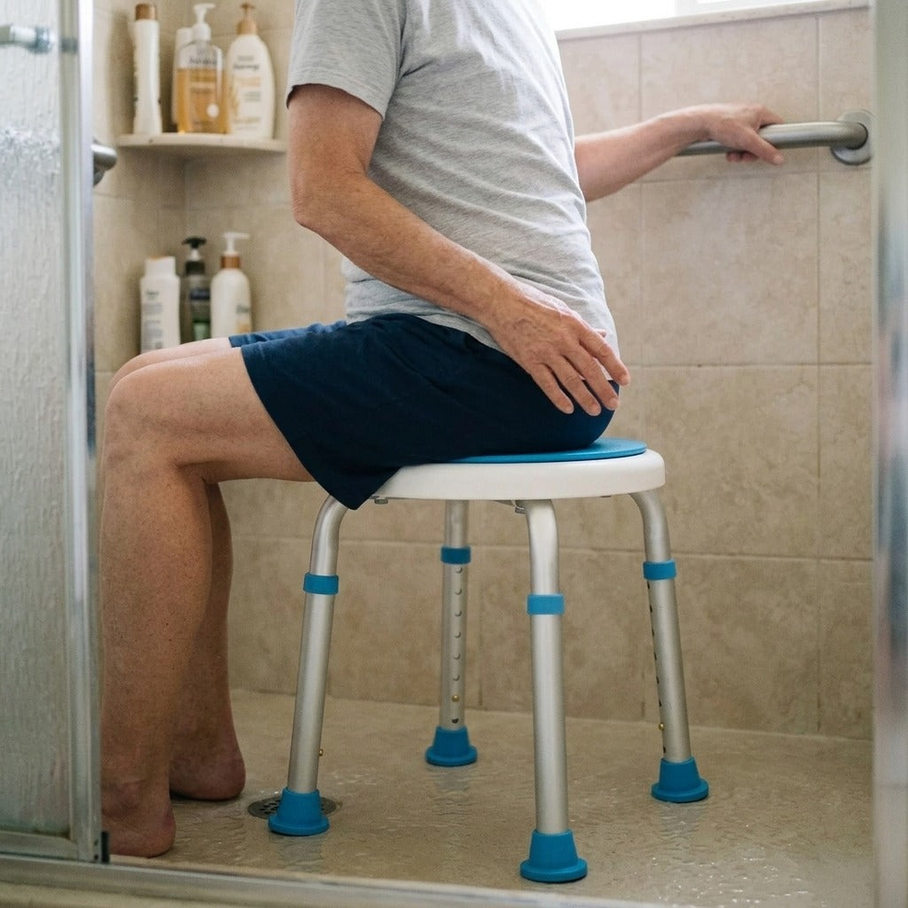360-Degree Rotating Shower Stool with Adjustable Height - in use