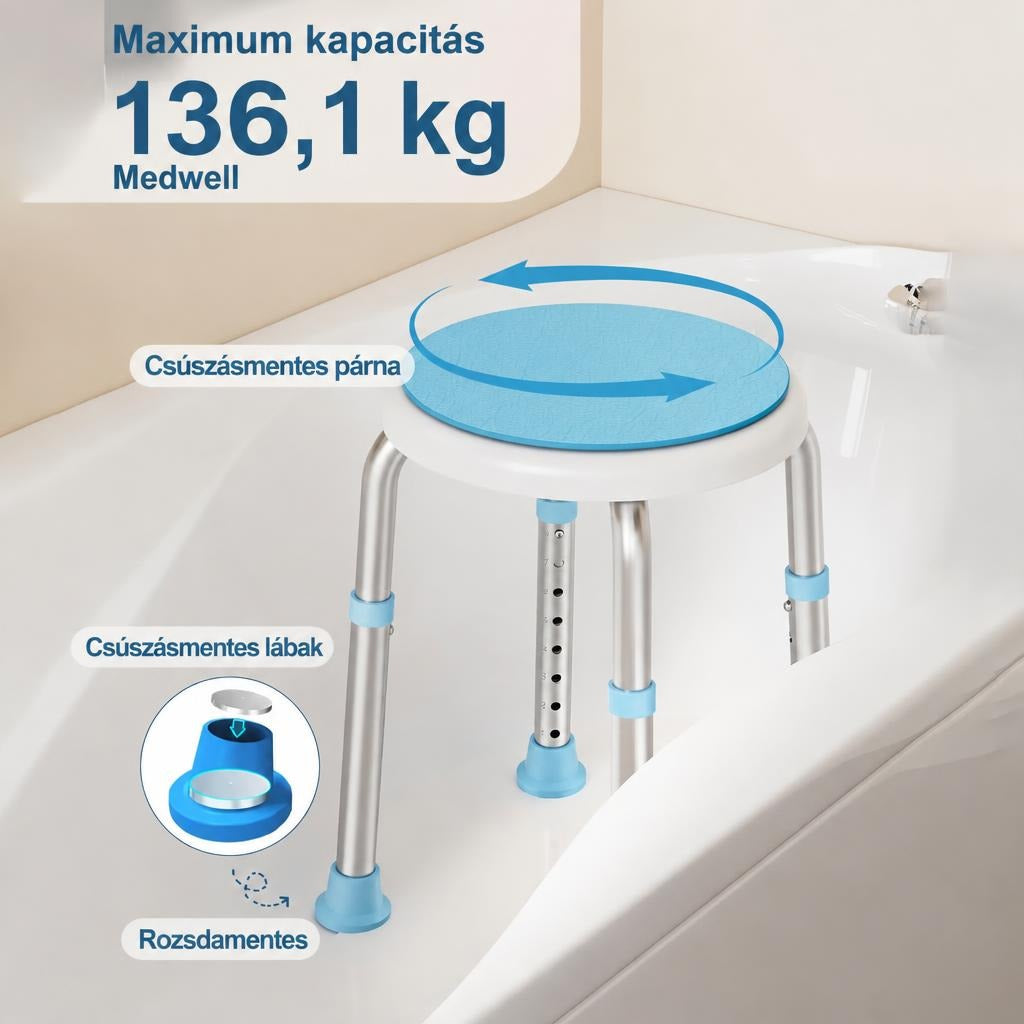 Forgó ülőfelületű, csúszásmentes lábakkal ellátott zuhanyszék kádba helyezve.