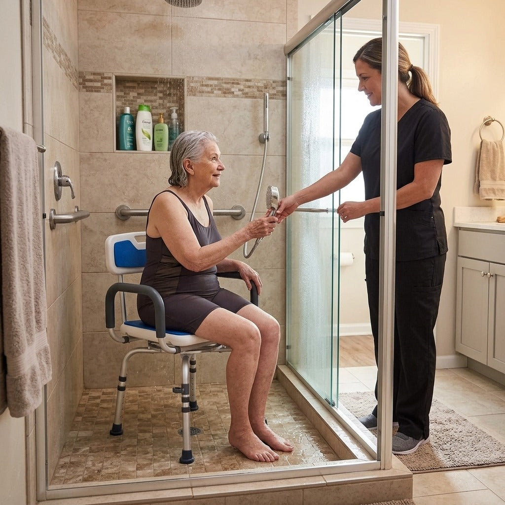 360-Degree Swivel Shower Chair with Armrests - in everyday life