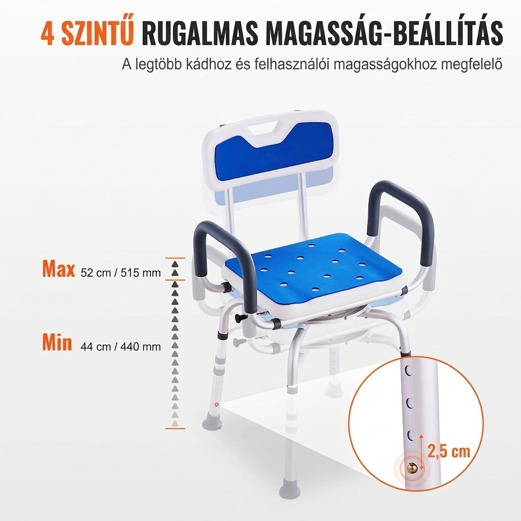 Állítható magasságú fürdetőszék kék ülőkével és kartámasszal.