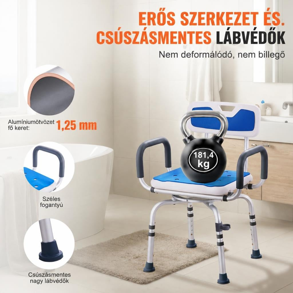 Erős szerkezetű és csúszásmentes lábvédőkkel ellátott fürdőszobai forgószék bemutatása.