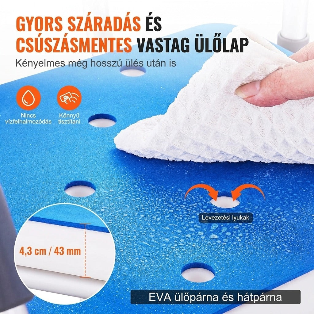 Vastag kék EVA ülőlap levezetési lyukakkal és méretjelöléssel
