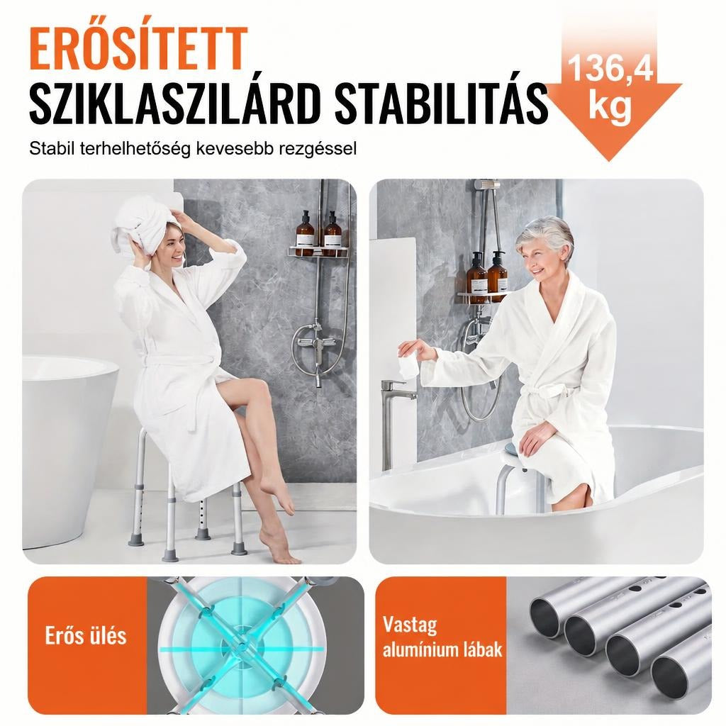Fürdőszobai ülőke erős üléssel és vastag alumínium lábakkal, 136,4 kg terhelhetőséggel.
