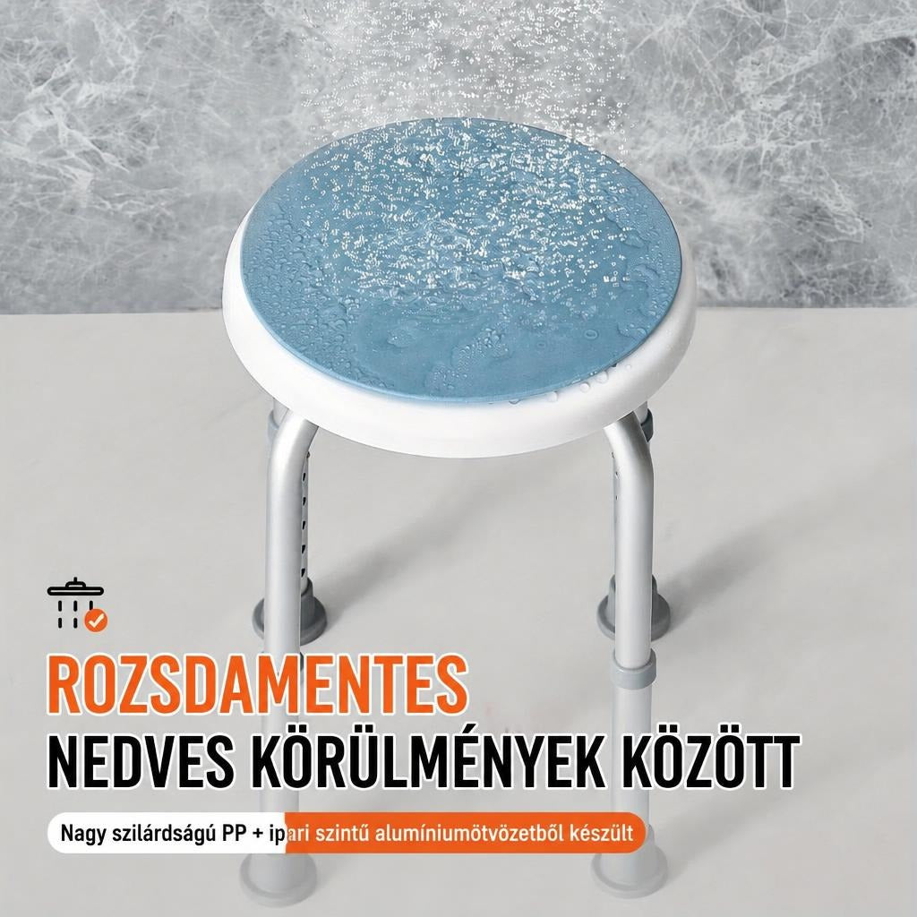 Rozsdamentes, kerek ülőkéjű zuhanyszék kék csúszásgátló párnával vízcseppek alatt.