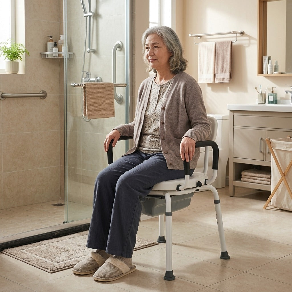 360° Rotating Shower Chair with Arms and Backrest - at home