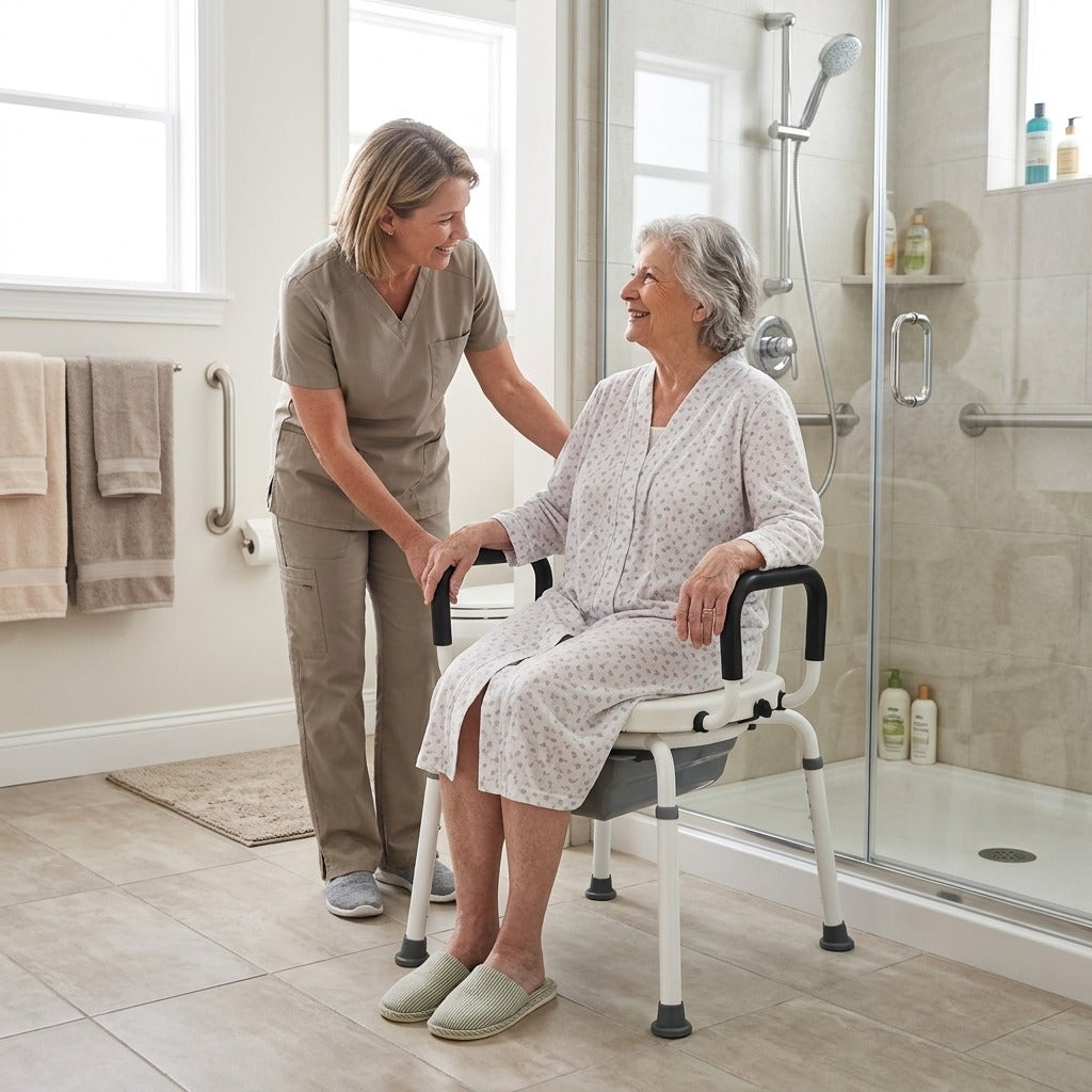 360° Rotating Shower Chair with Arms and Backrest - in everyday life