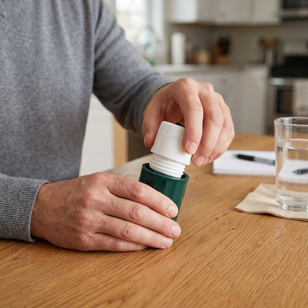 4-in-1 Pill Case with Splitter and Grinder - in use