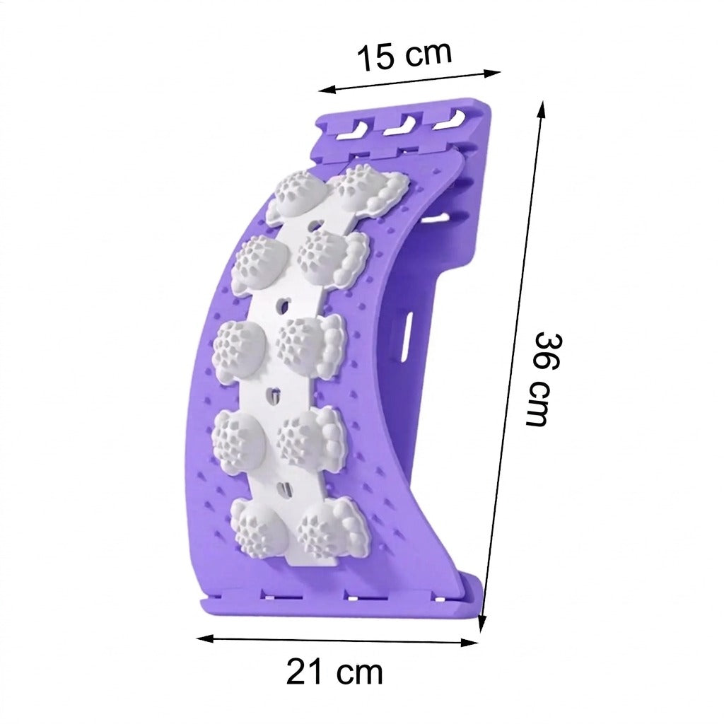 Lila hátnyújtó és masszírozó eszköz méretei: 15 cm széles, 36 cm hosszú és 21 cm mély.