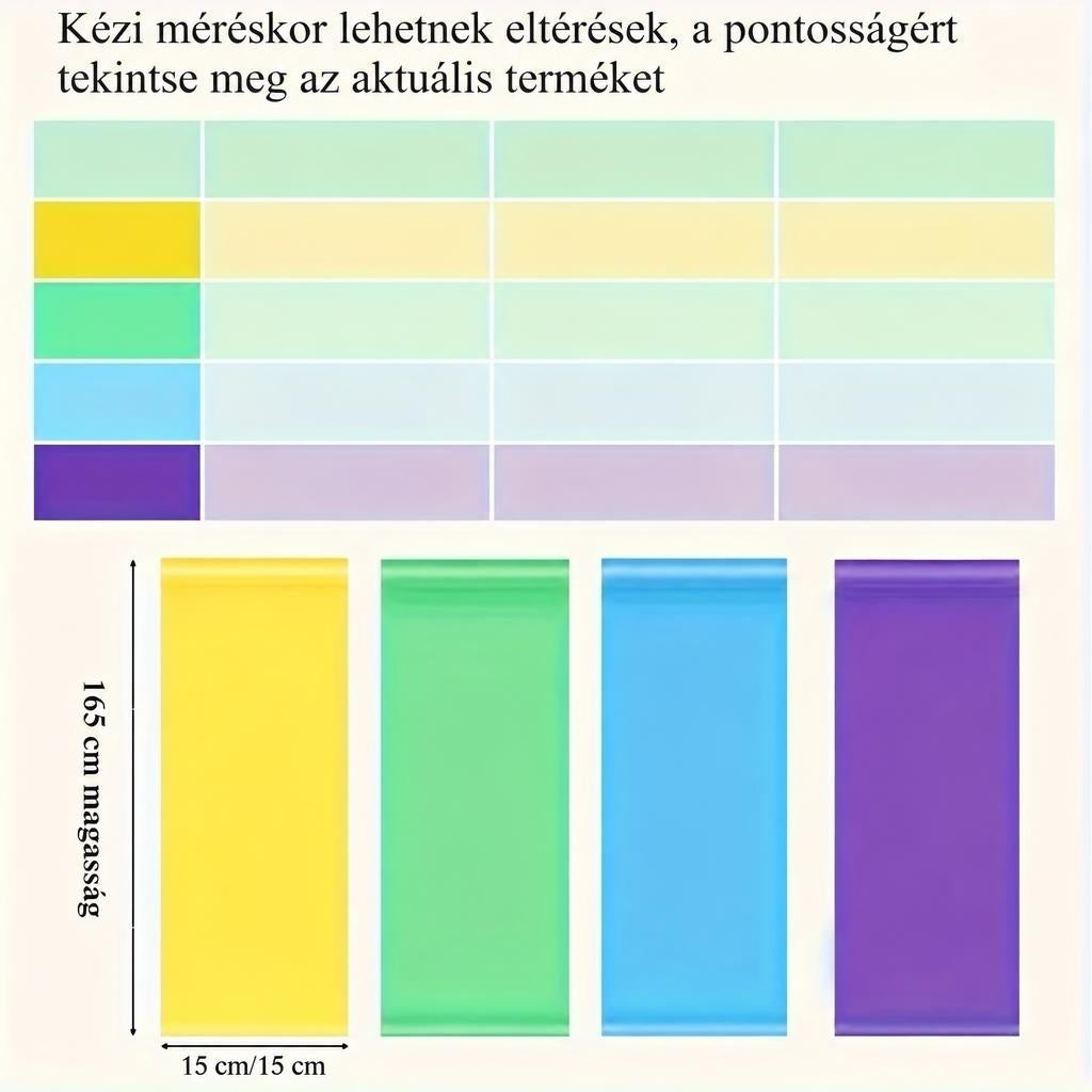 Különböző színű fitnesz gumiszalagok méretei és színmintái.
