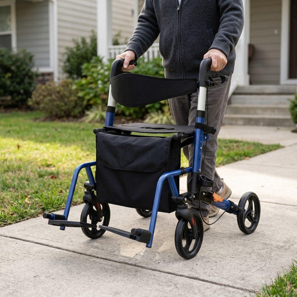 4-Wheel Aluminum Rollator Walker, Foldable, Adjustable Height - in use