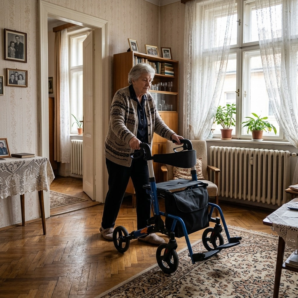 4 kerekű alumínium rollátor, összecsukható, állítható magasságú - otthon