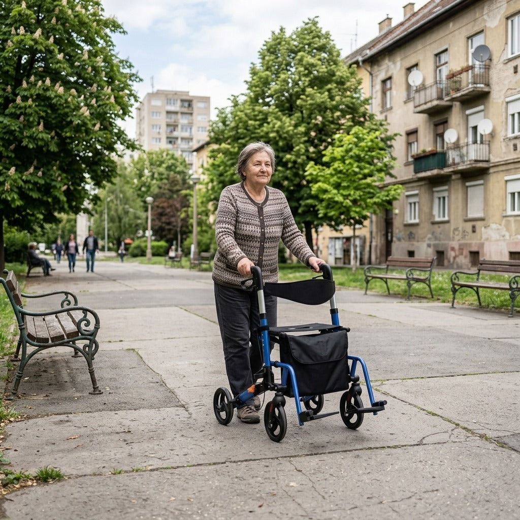 4 kerekű alumínium rollátor, összecsukható, állítható magasságú - a mindennapokban