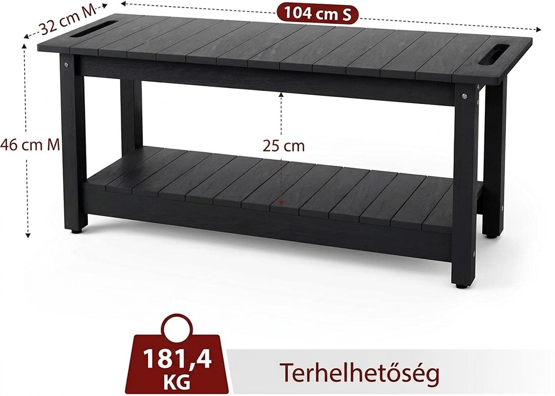 Fekete kétszintes pad méretekkel és 181,4 kg teherbírással