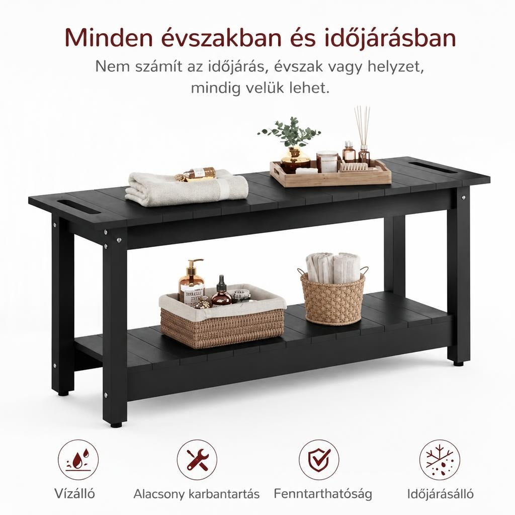 Fekete kerti pad fürdőszobai és kerti kiegészítőkkel, időjárásálló és tartós tulajdonságokkal.