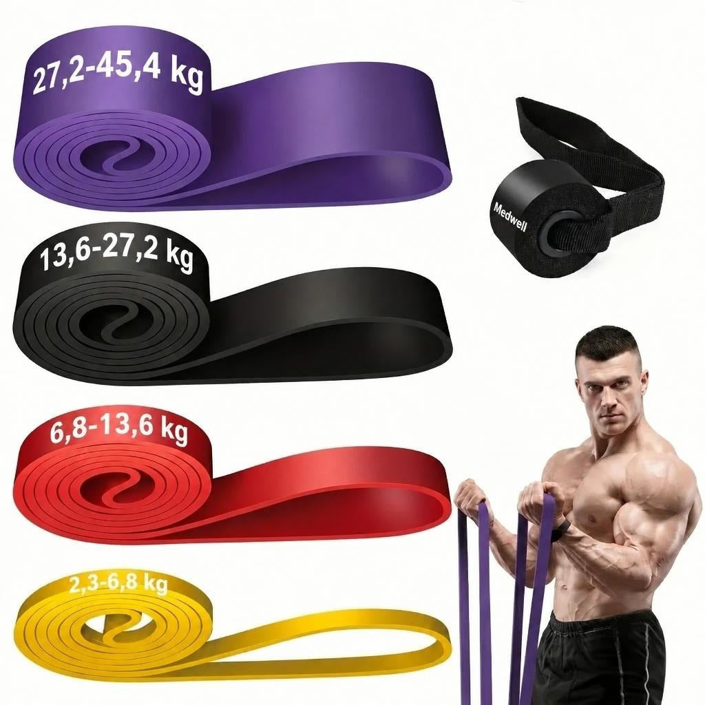 Különböző ellenállású fitnesz gumiszalagok kg értékekkel, ajtórögzítővel és edző férfival.