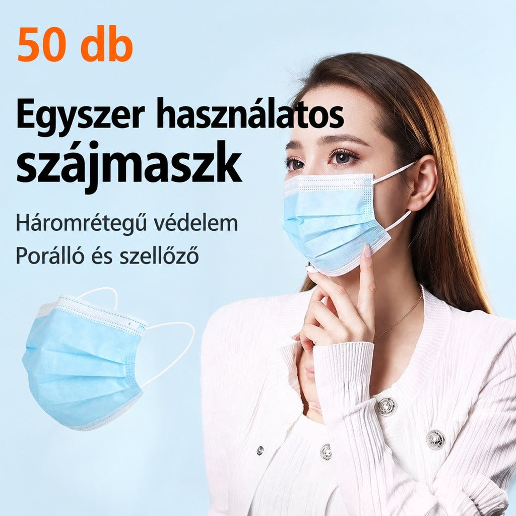 Egyszer használatos kék szájmaszkot viselő nő és egy lebegő maszk.