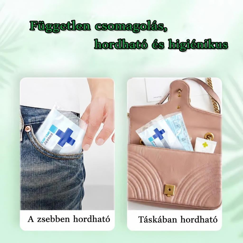 Egyenként csomagolt higiénikus termék zsebben és táskában elhelyezve.