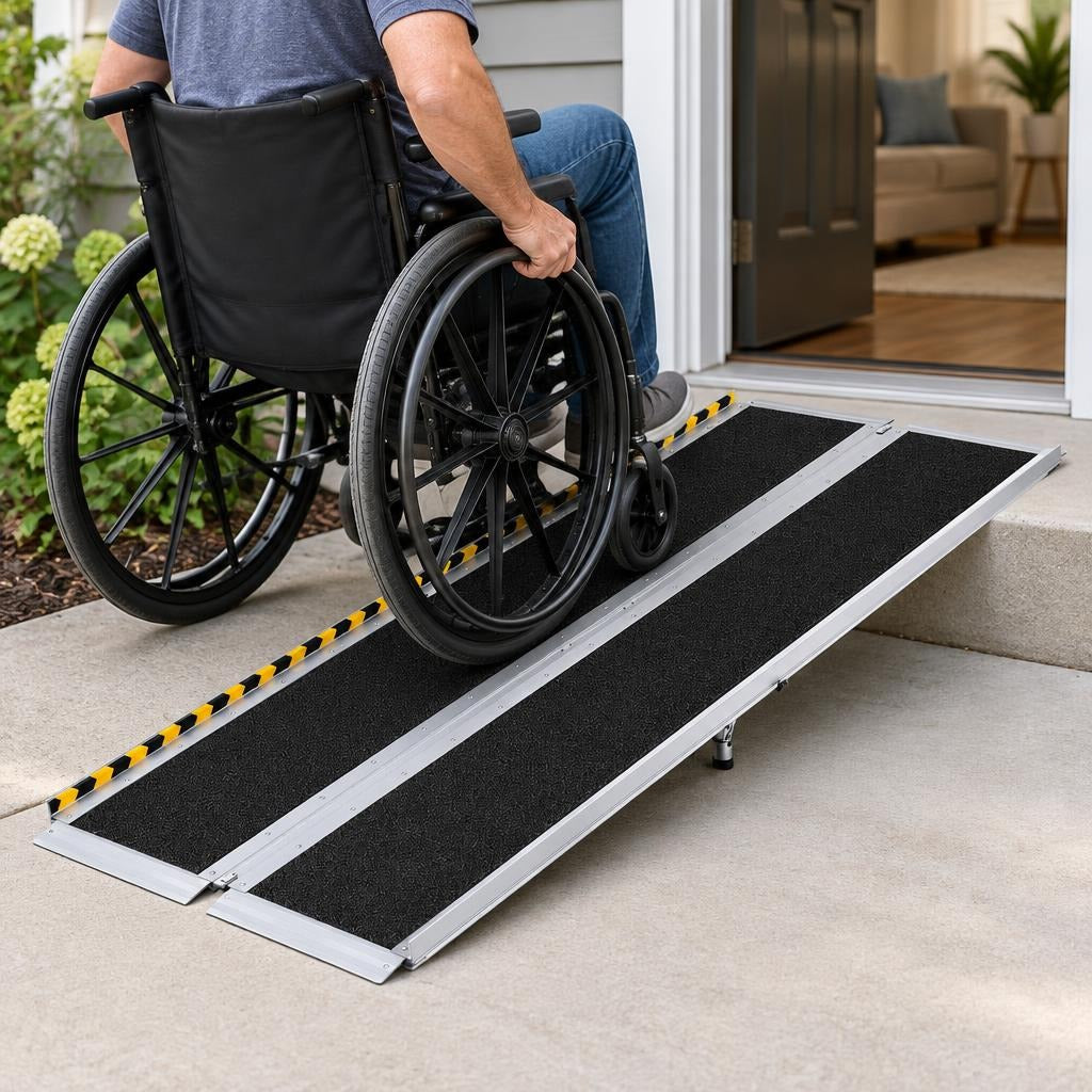 6-Foot Folding Aluminum Wheelchair Ramp, 800 lb Capacity - in use