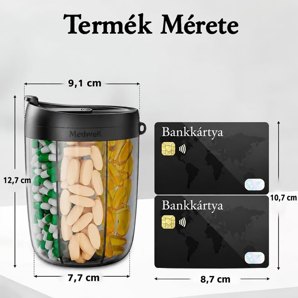Gyógyszertartó doboz méreteit és bankkártyához viszonyított nagyságát bemutató ábra méretadatokkal.