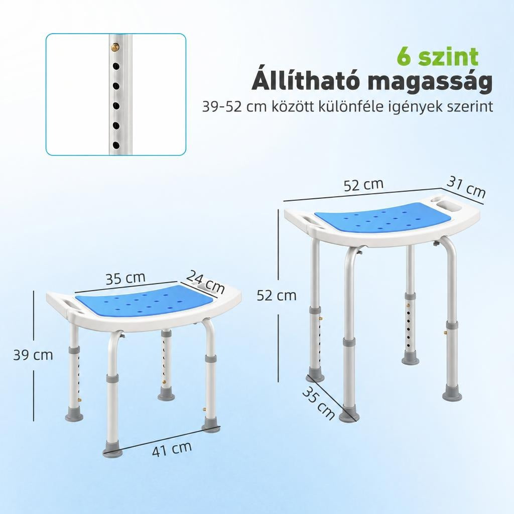 Állítható magasságú zuhanyszék méretei és 6 magassági szintje.