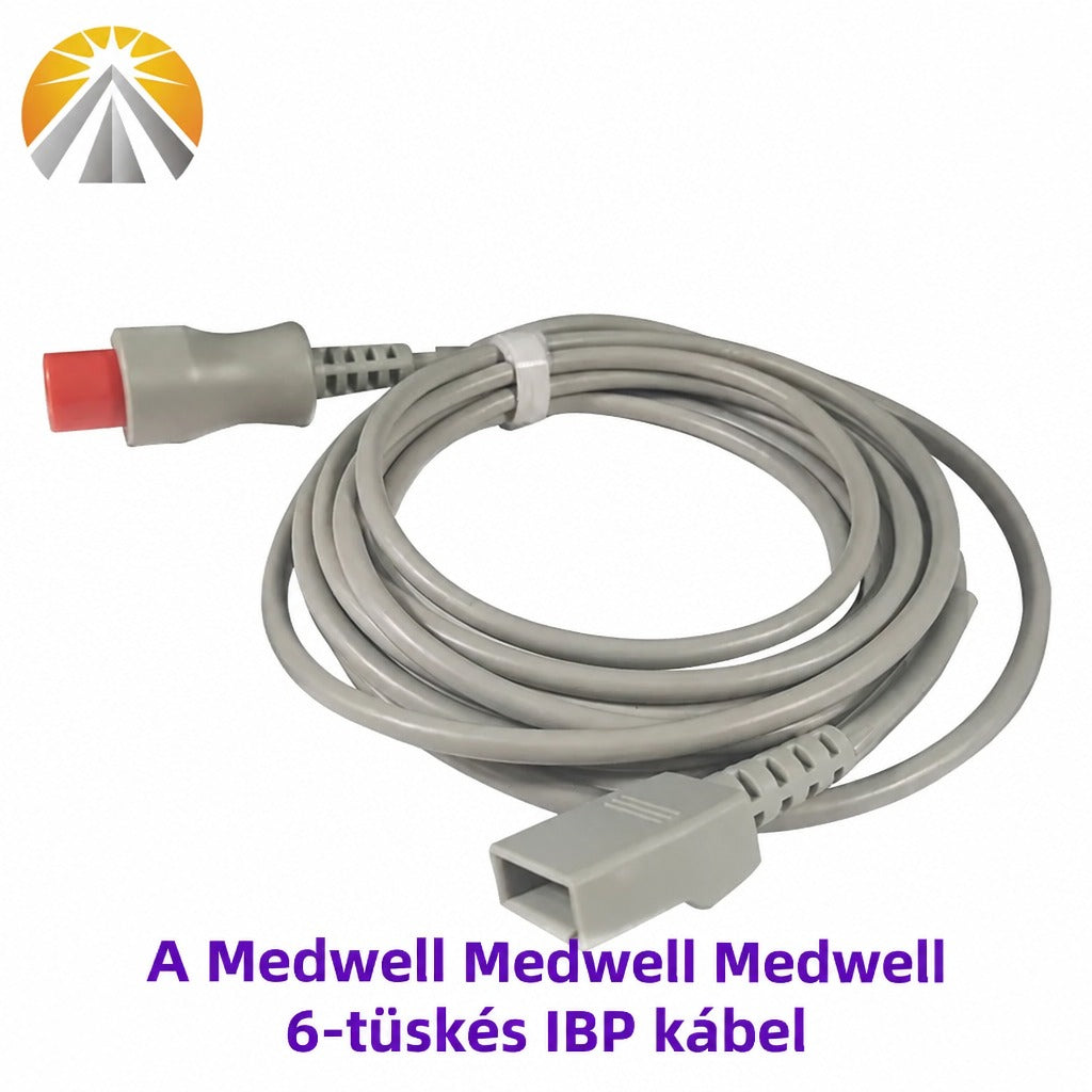Összetekert szürke Medwell 6-tüskés IBP kábel csatlakozókkal fehér háttér előtt.
