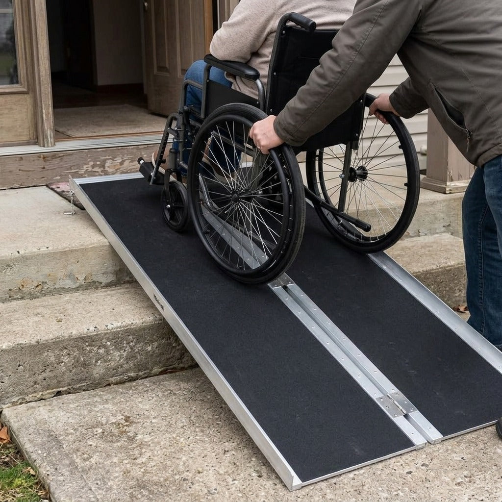 60-Inch Aluminum Folding Wheelchair and Scooter Ramp - in use