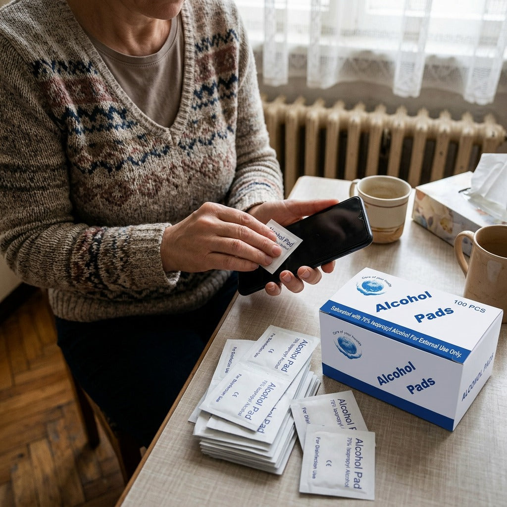 70%-os alkoholos törlőkendő telefontisztításhoz, 100 db - használat közben