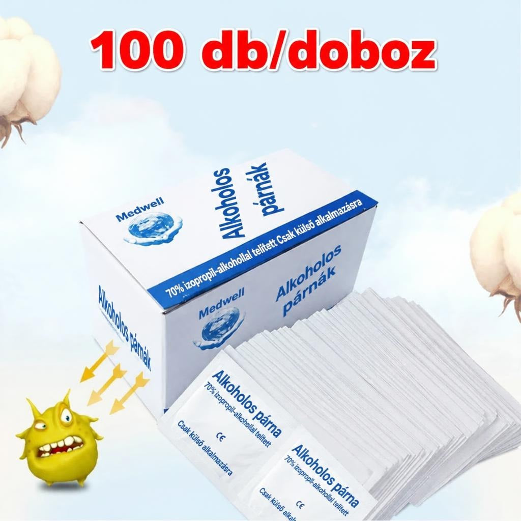100 darabos Medwell alkoholos törlőkendő dobozban és külön csomagolva.