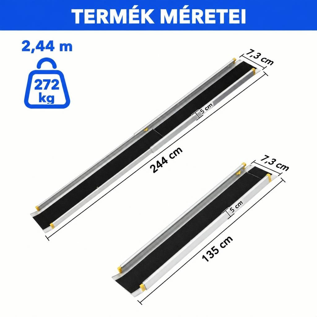 Kihúzható rámpa méretei és teherbírása nyitott és összecsukott állapotban.