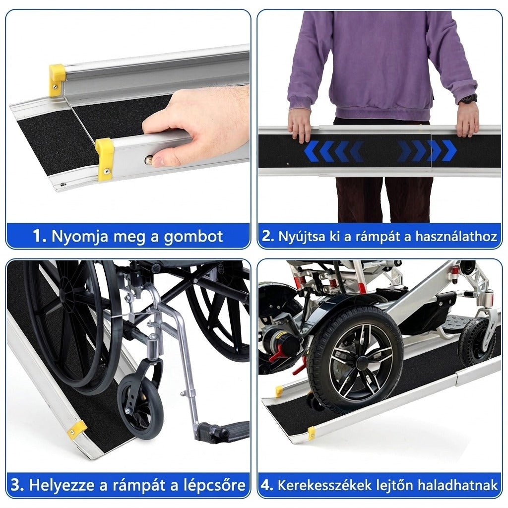 Teleszkópos kerekesszék rámpa használatának lépései bemutatva négy képen.