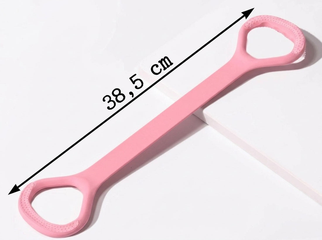 Rózsaszín fitnesz gumiszalag méretjelöléssel: 38,5 cm.