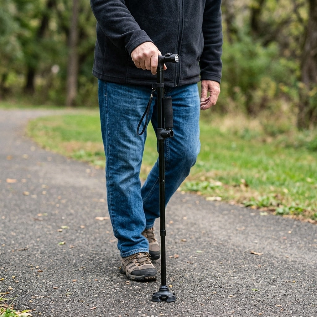 95 cm Folding Trekking Pole with Flashlight - in use