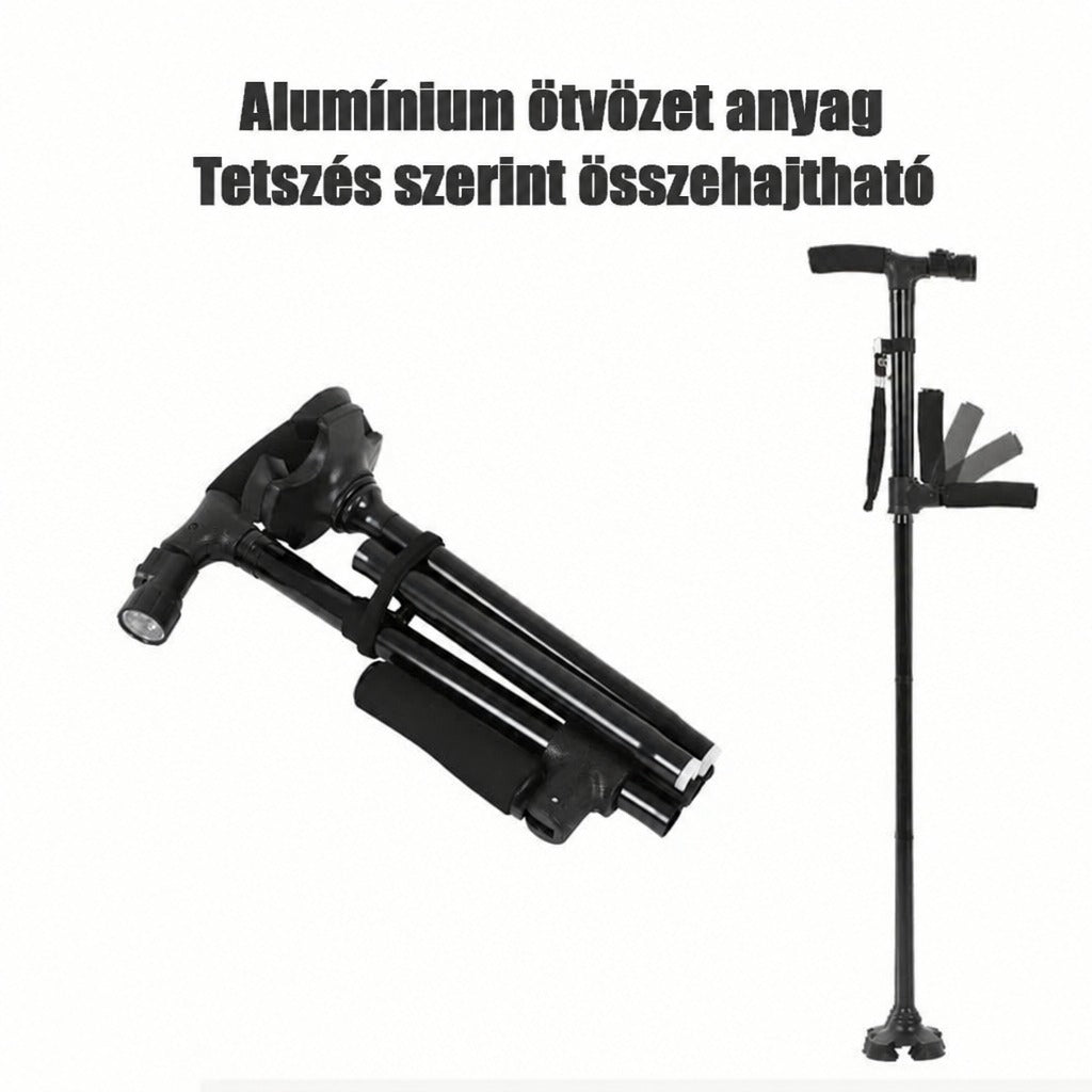 Összecsukható fekete alumínium sétabot beépített lámpával és stabil talppal.