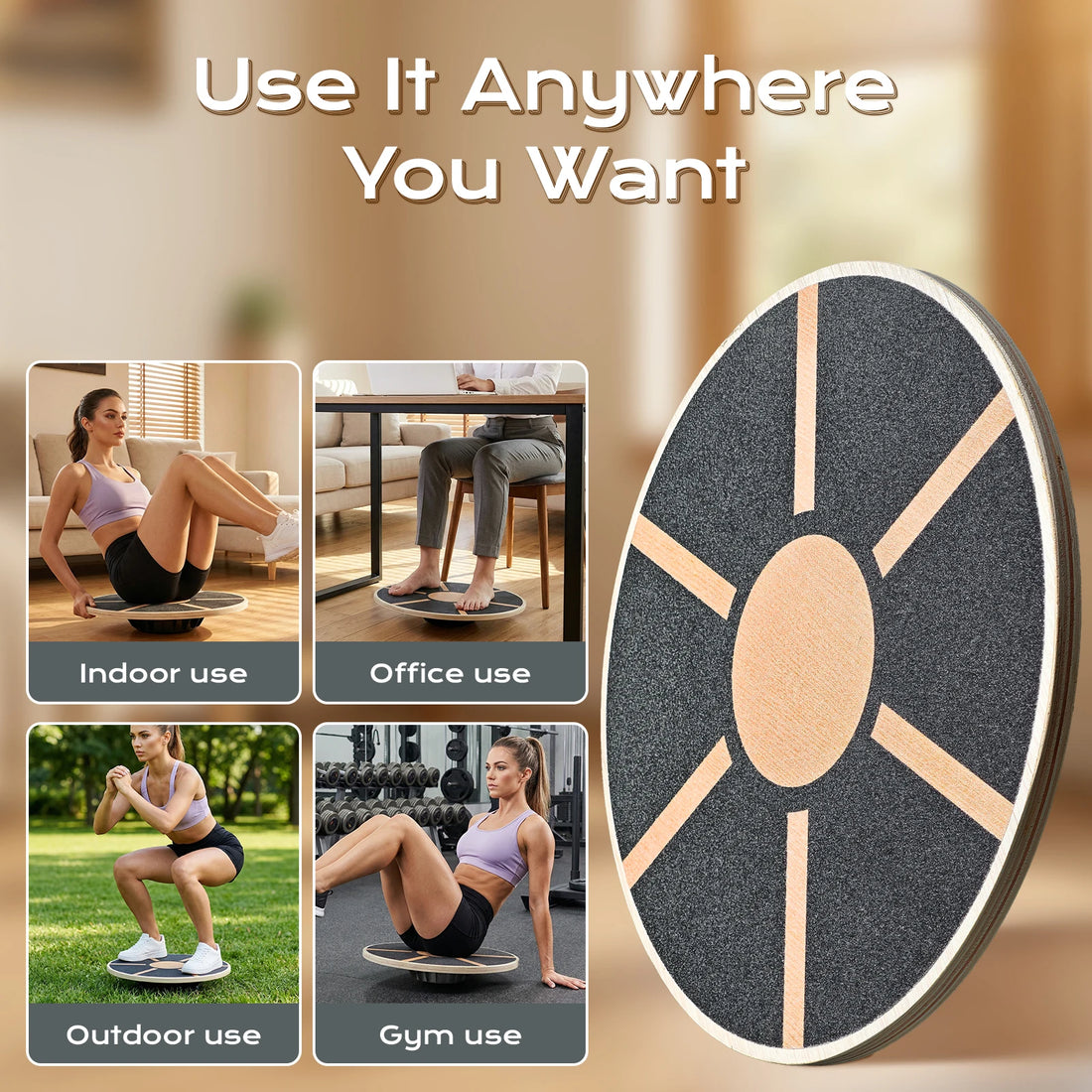 Wooden Balance Board with Rubber Base