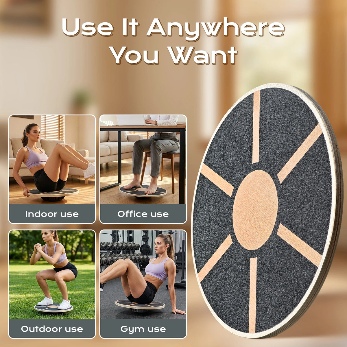 Wooden Balance Board with Rubber Base