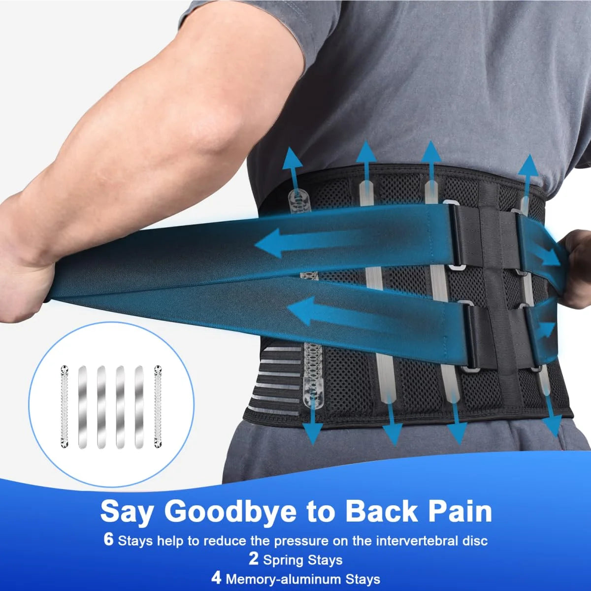 Lumbar Support Back Brace with 4 Support Bars, Breathable 3D Knit