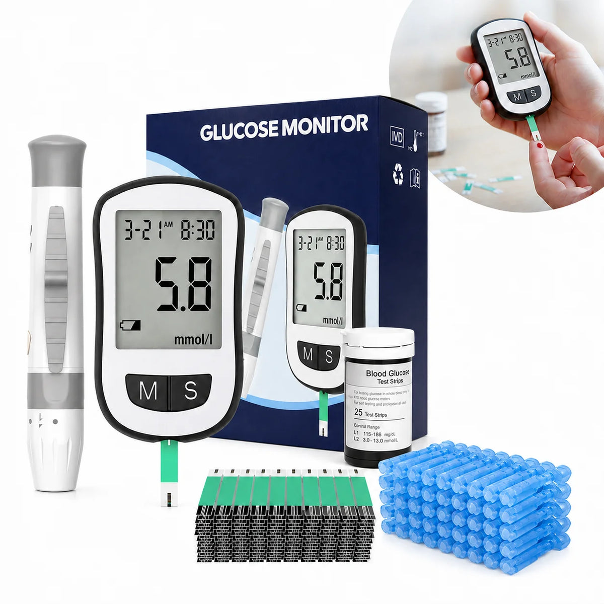 No-Coding Blood Glucose Meter Kit with Testing Supplies