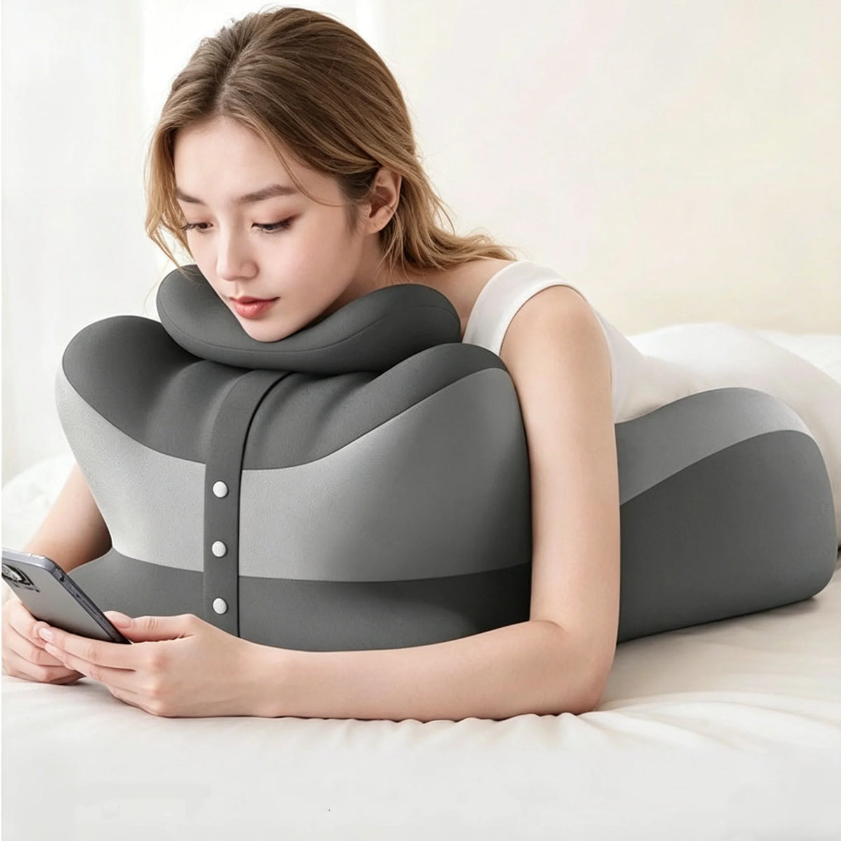 Memory Foam Prone Reading Pillow with Removable Headrest, Anti-Slip