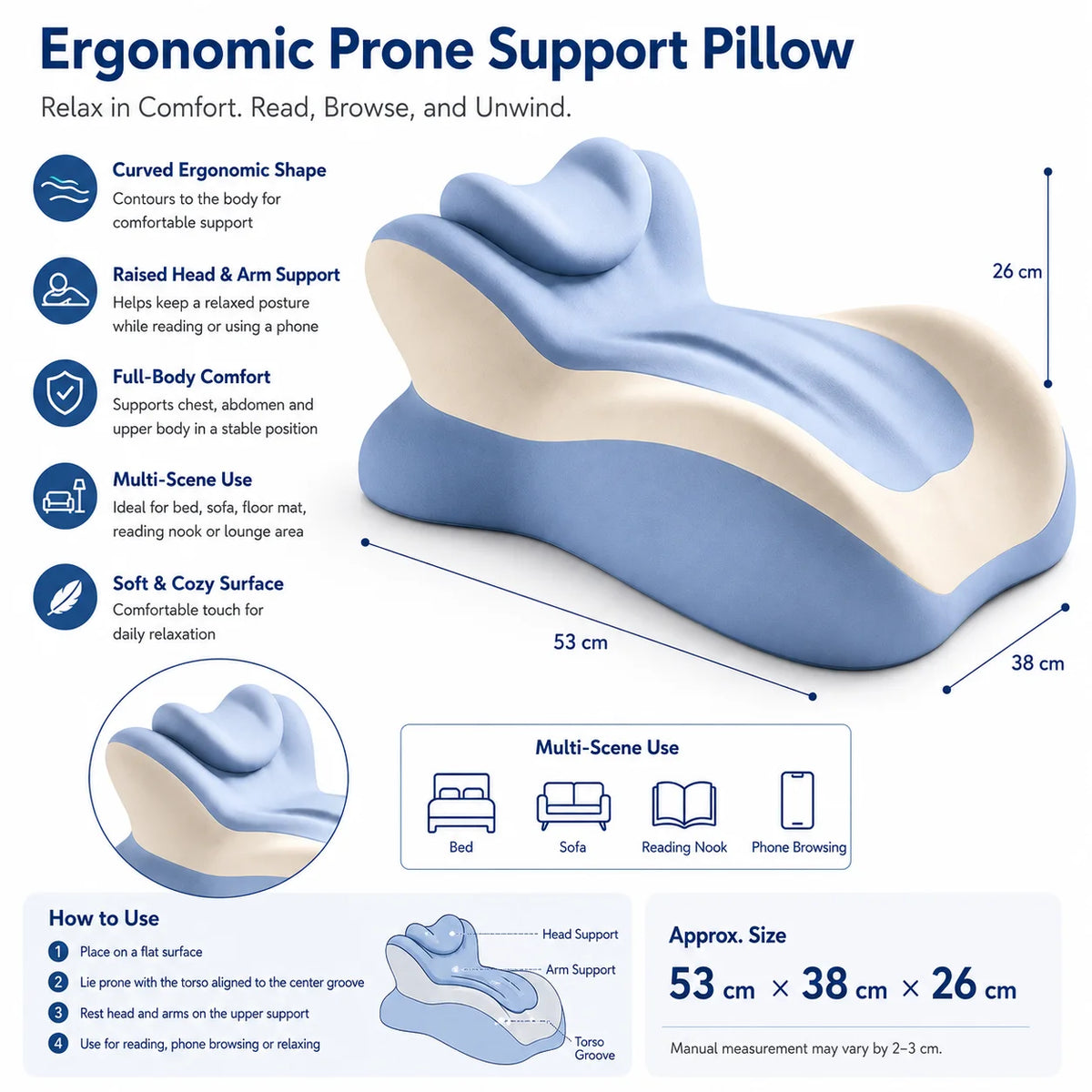 Memory Foam Prone Reading Pillow with Removable Headrest, Anti-Slip