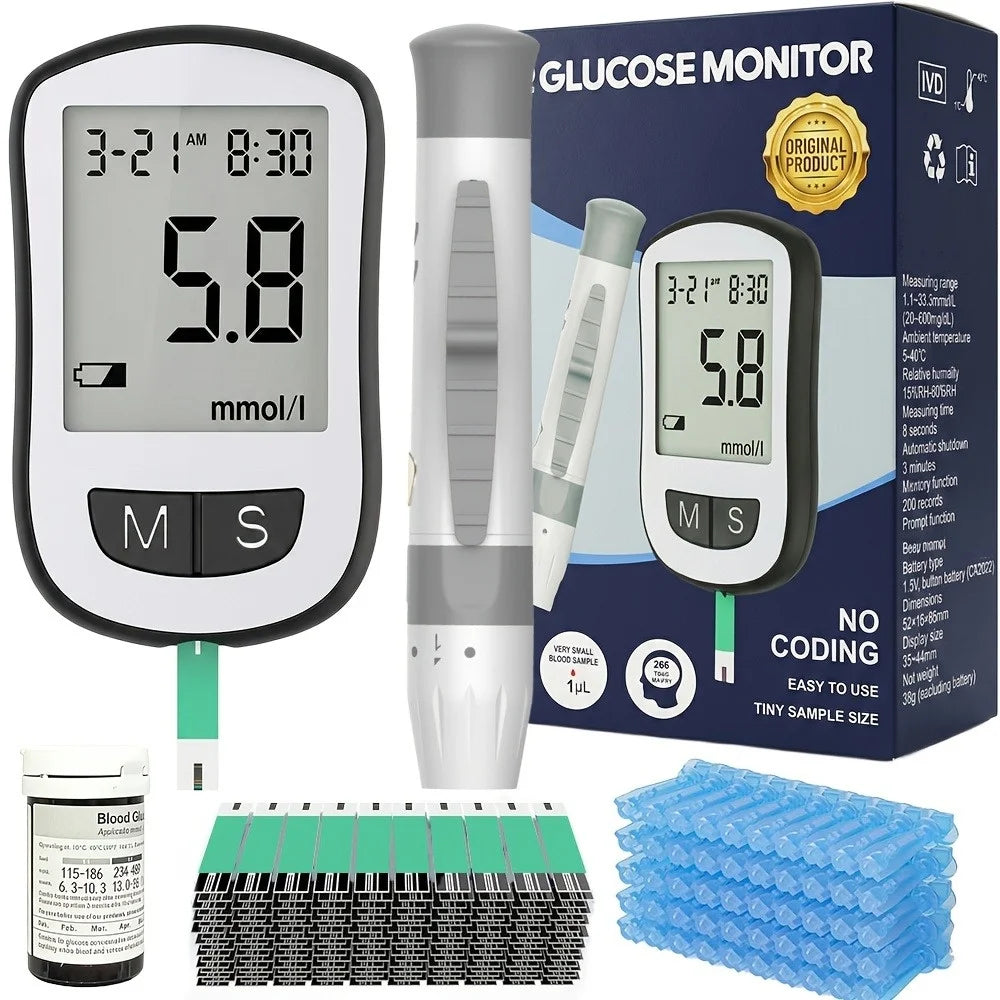 No-Coding Blood Glucose Meter Kit with Testing Supplies