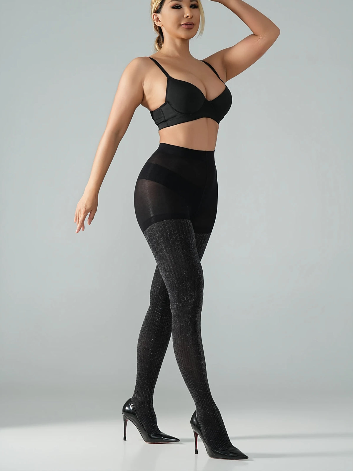 High-Waist Ribbed Glitter Tights, 2-Piece