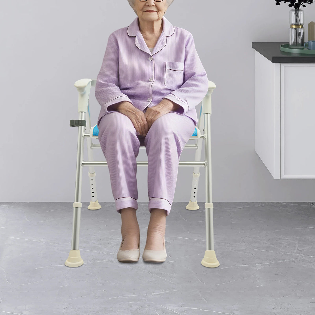 Foldable Shower Chair with Backrest and Armrests, Adjustable Height