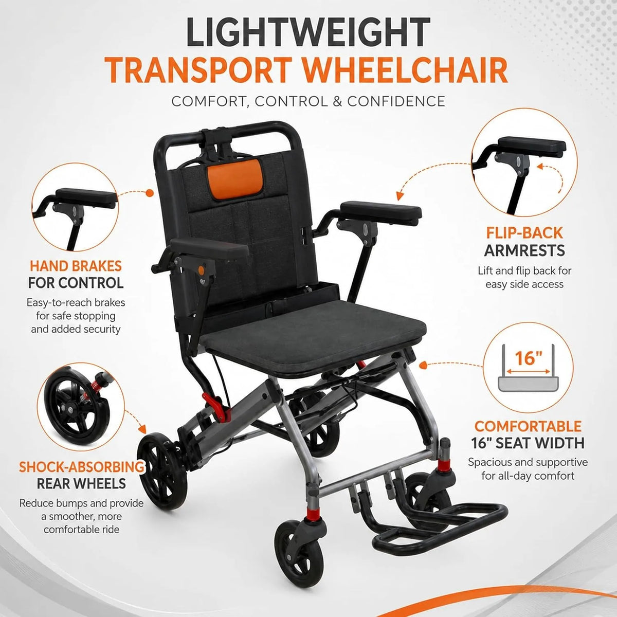 Folding Transport Wheelchair with Detachable Footrests