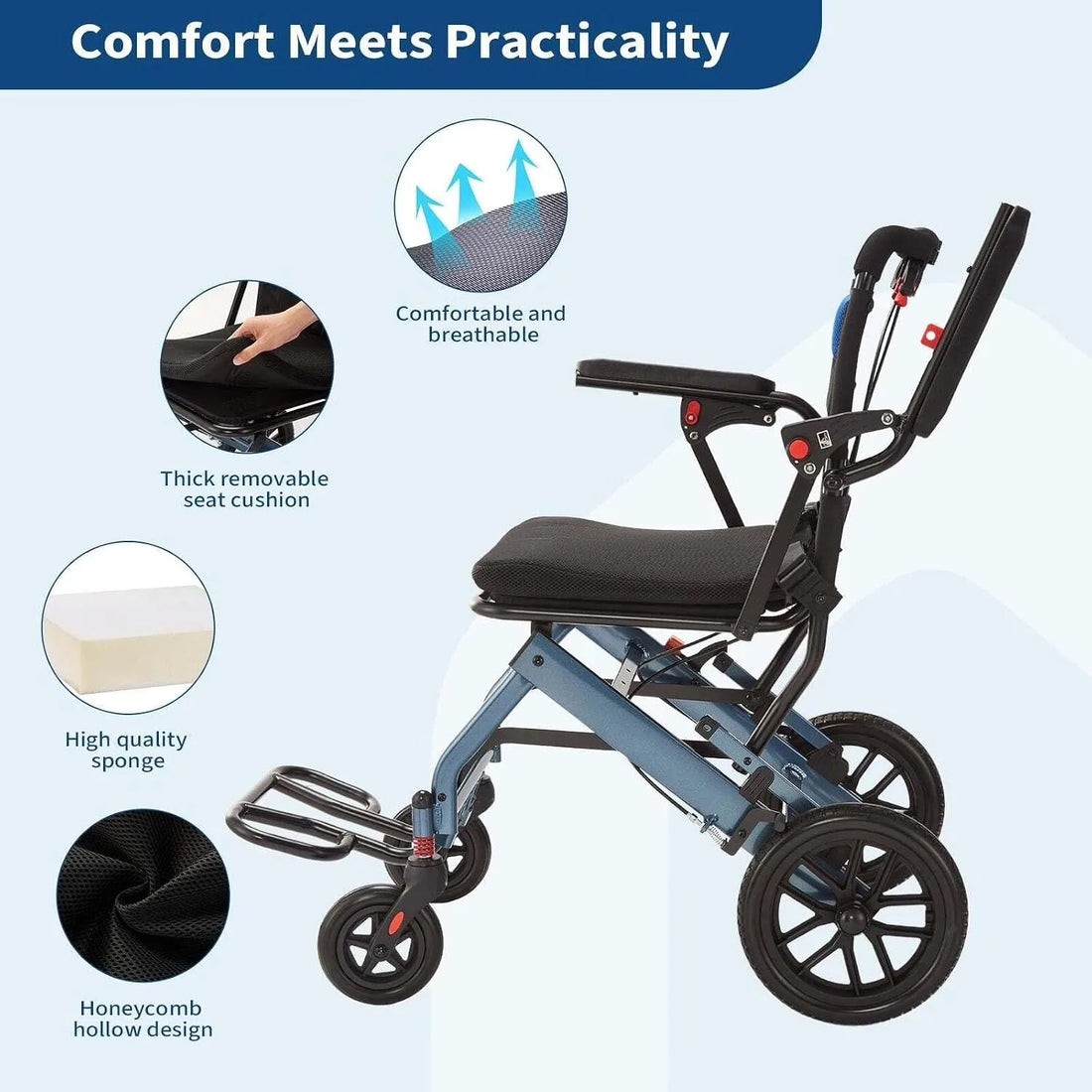 Lightweight Folding Wheelchair with 10-Inch Rear Wheels