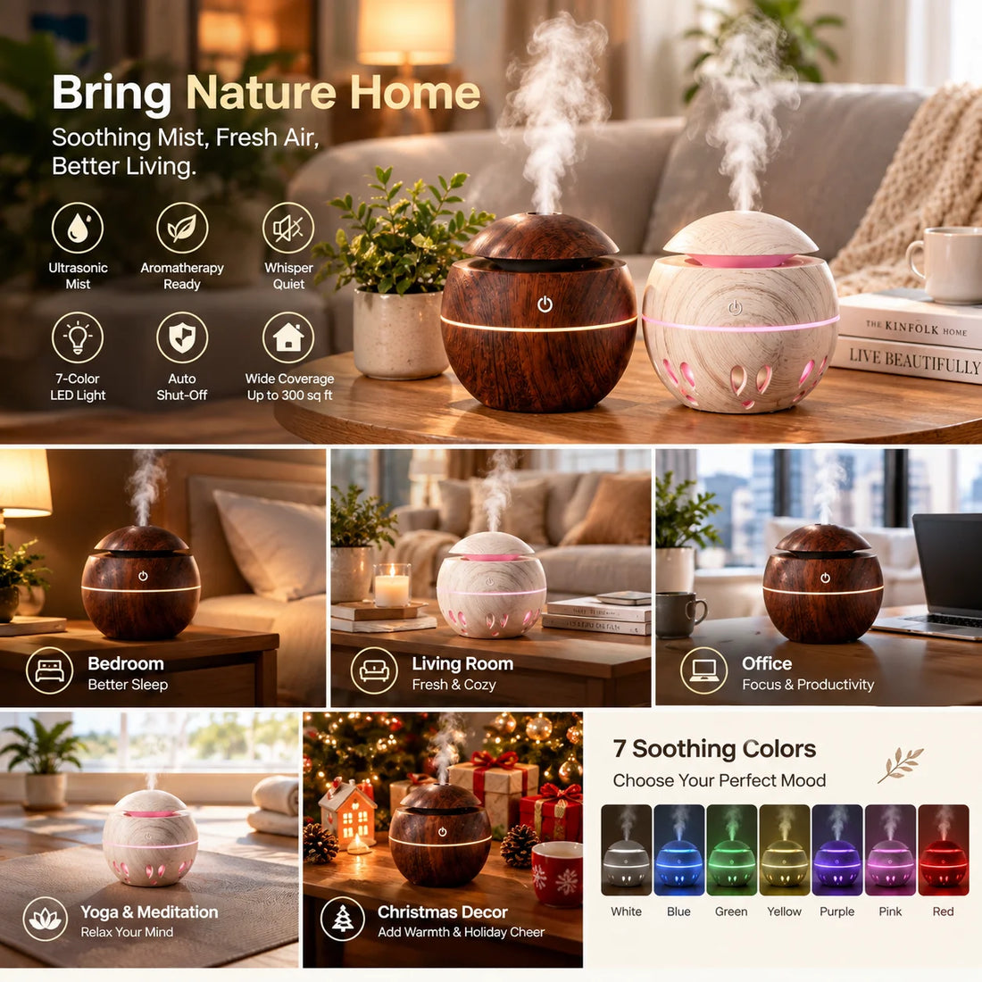 Cool Mist Humidifier with 7-Color LED Night Light