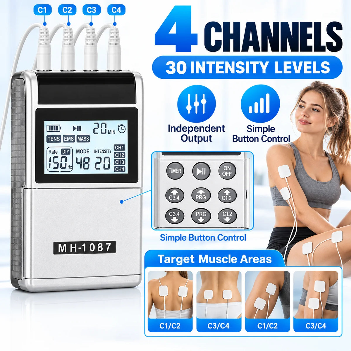 4-Channel TENS EMS Muscle Stimulator with 4 Pads