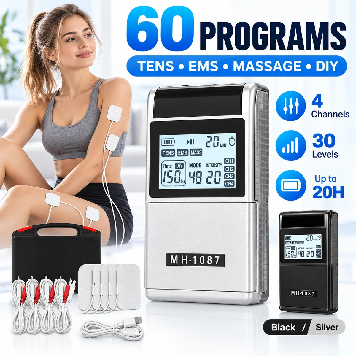 4-Channel TENS EMS Muscle Stimulator with 4 Pads