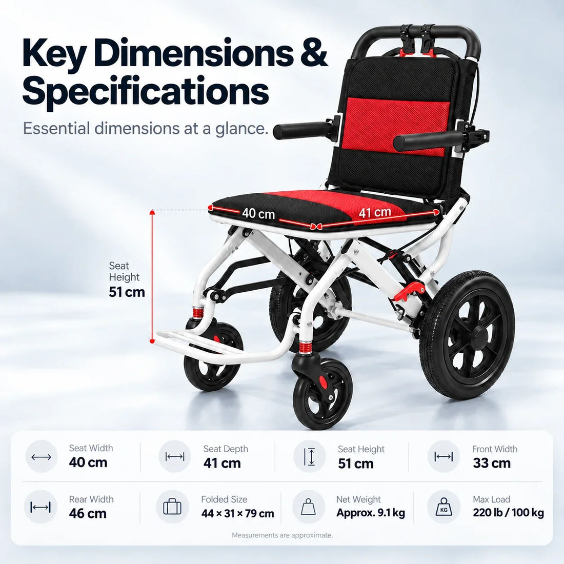 Lightweight Foldable Wheelchair for Adults, Compact, 220 lb Capacity